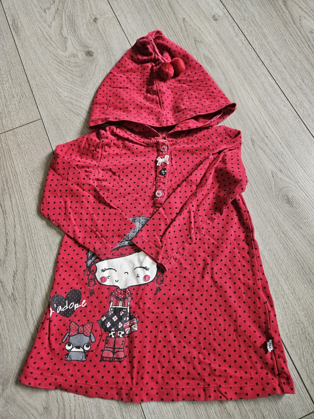 Souris Mini Red Polka Dot Hooded Girls Dress with Cute Character 12M